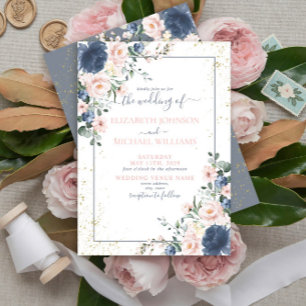 Light Dusty Blue Rosa Guld Blommigt Bröllop Inbjudningar