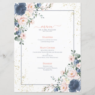 Light Dusty Blue Rosa Guld Blommigt Bröllop Meny