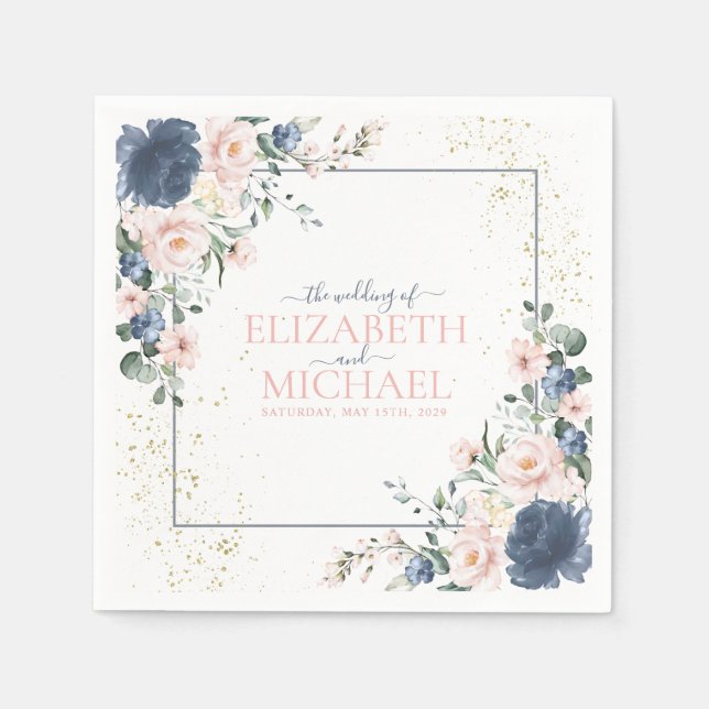 Light Dusty Blue  Rosa Guld Blommigt Bröllop Pappersservett (Framsidan)