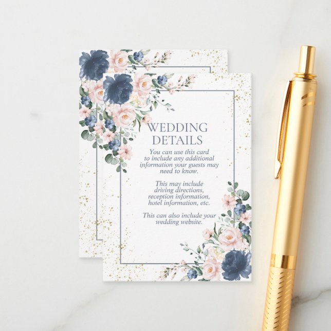 Light Dusty Blue  Rosa Guld Blommigt Bröllop Tilläggskort (Fram/Back In Situ)