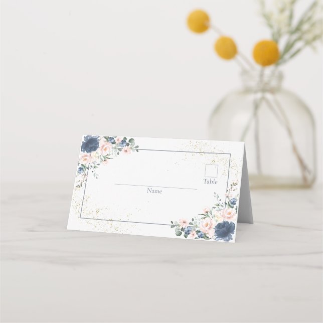 Light Dusty Blue  Rosa Guld Blommigt Placeringskort (Framsida)