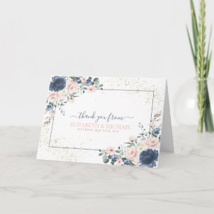 Light Dusty Blue Rosa Guld Blommigt Tack Kort