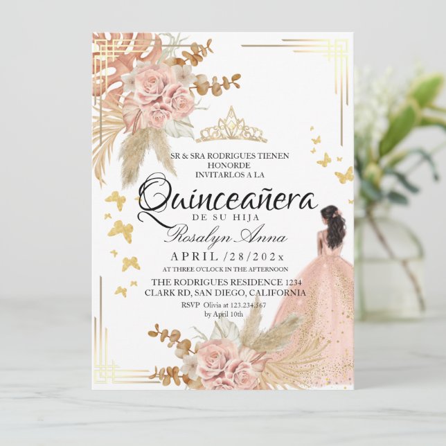  Light Dusty Pink Gold Butterfly Quinceañera Inbjudningar (Stående Fram)