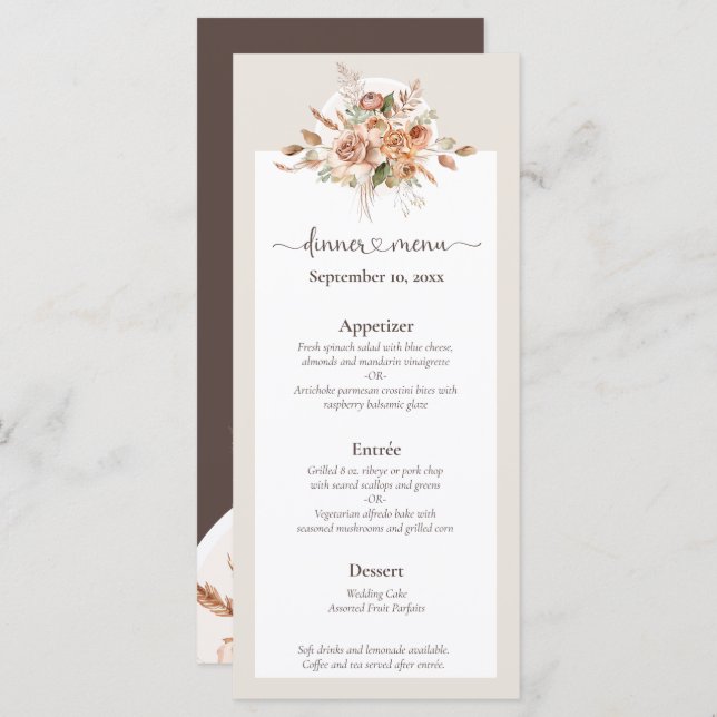 Light Earth Tone Blommigt Rustic Boho Bröllop Menu Program (Fram/baksida)