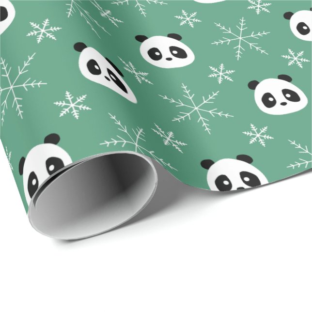 Light Evergreen - Cute Pandas med Snöflingor Presentpapper (Rullad Hörn)