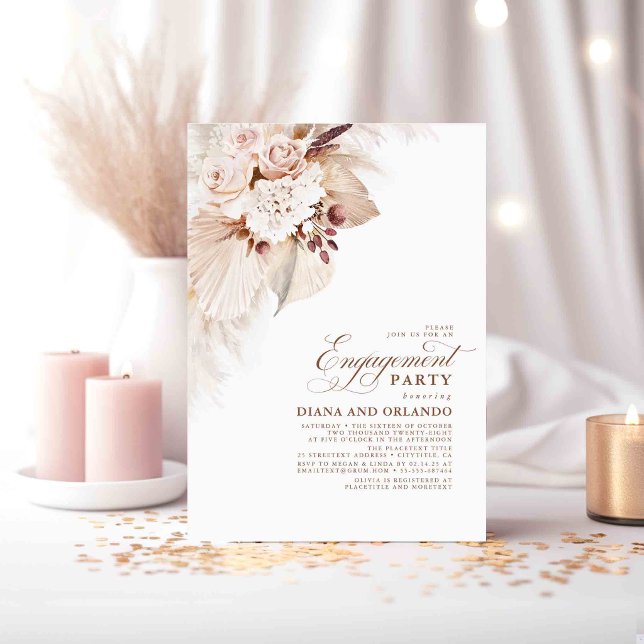 Light Flowers Pampas Grass Boho Förlovningsfest Inbjudningar (Elegant Cream and Blush Flowers Engagement Party Invitations)