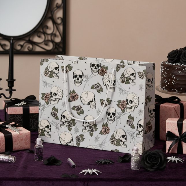 Light Grått Gothic Döskallars and Ro Halloween (Elegant Skull and Roses Gothic Halloween Gift Bags for Her. Gothic Chic Style. Floral Skulls Pattern)