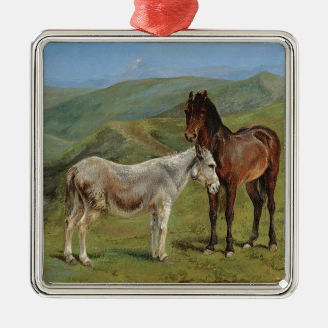 Light Grått Horse in a Fält (hästdjur) Julgransprydnad Metall (Framsidan)