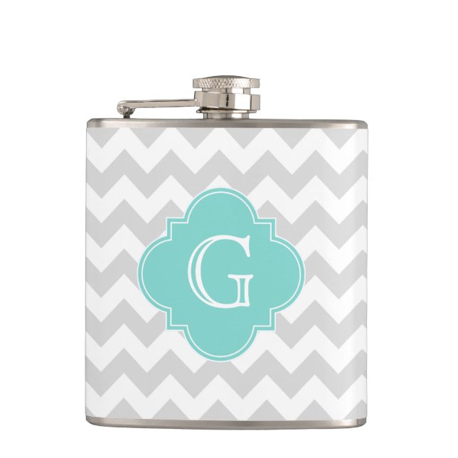 Light Grått White Chevron Aqua Quatrefoil Monogram Fickplunta (Framsidan)