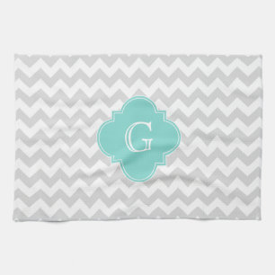 Light Grått White Chevron Aqua Quatrefoil Monogram Kökshandduk