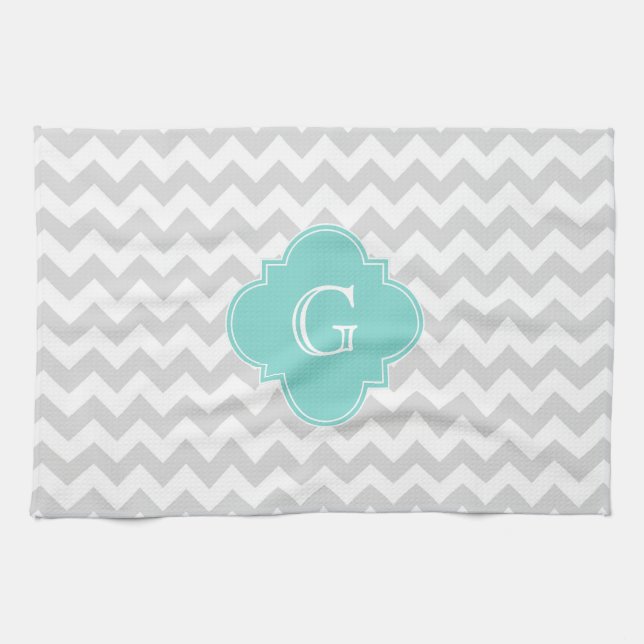 Light Grått White Chevron Aqua Quatrefoil Monogram Kökshandduk (Horisontell)