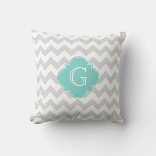 Light Grått White Chevron Aqua Quatrefoil Monogram Kudde (Framsida)