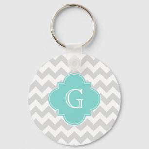 Light Grått White Chevron Aqua Quatrefoil Monogram Nyckelring