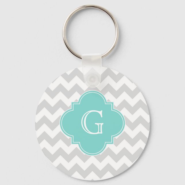 Light Grått White Chevron Aqua Quatrefoil Monogram Nyckelring (Framsida)