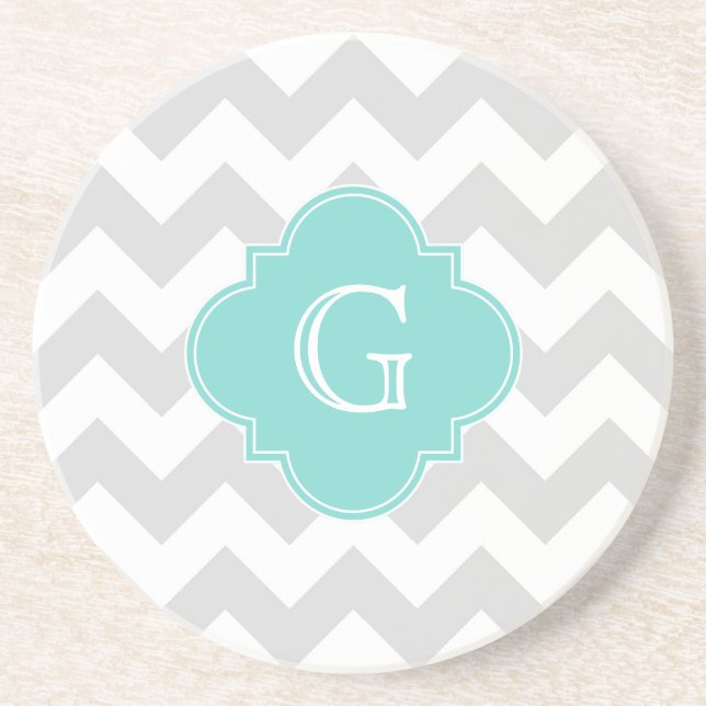 Light Grått White Chevron Aqua Quatrefoil Monogram Underlägg (Framsidan)