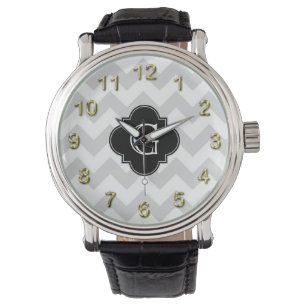 Light Grått White Chevron Black Quatrefoil Monogra Armbandsur