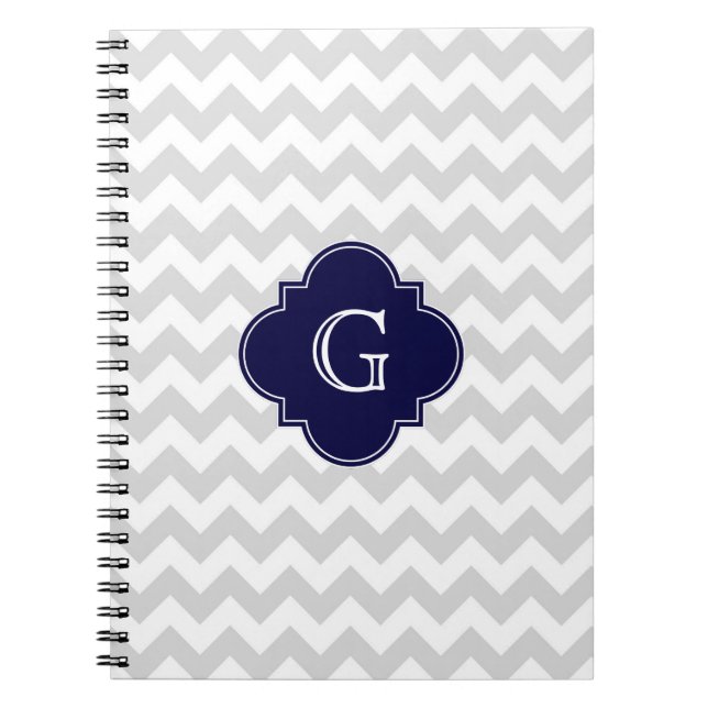 Light Grått White Chevron Navy Quatrefoil Monogram Anteckningsbok (Framsidan)