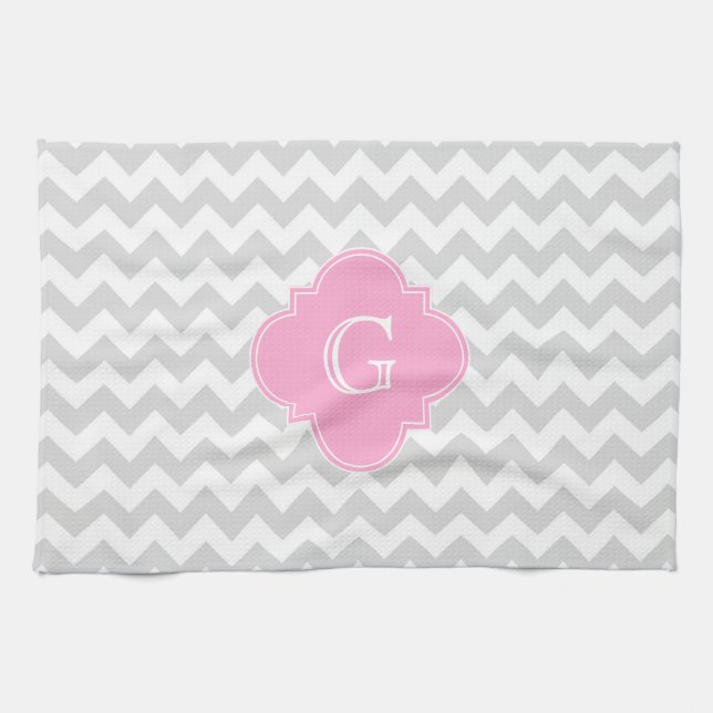 Light Grått White Chevron Rosa Quatrefoil Monogram Kökshandduk (Horisontell)