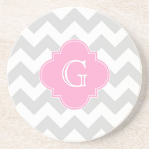 Light Grått White Chevron Rosa Quatrefoil Monogram Underlägg Sandsten