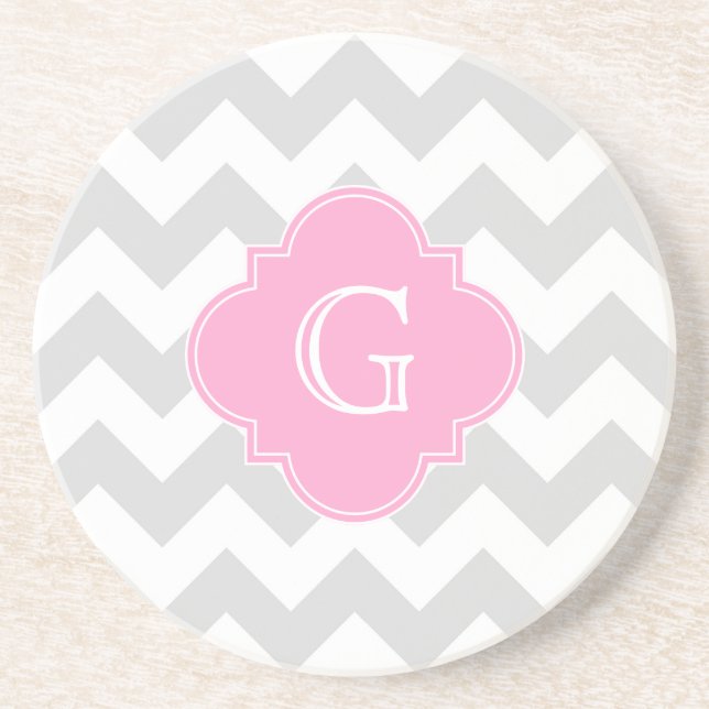 Light Grått White Chevron Rosa Quatrefoil Monogram Underlägg Sandsten (Framsidan)