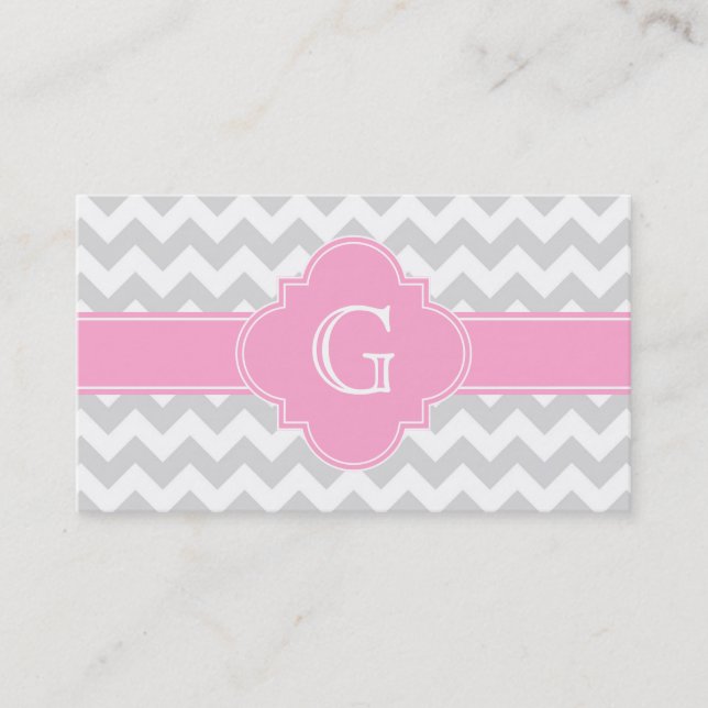 Light Grått White Chevron Rosa Quatrefoil Monogram Visitkort (Framsida)