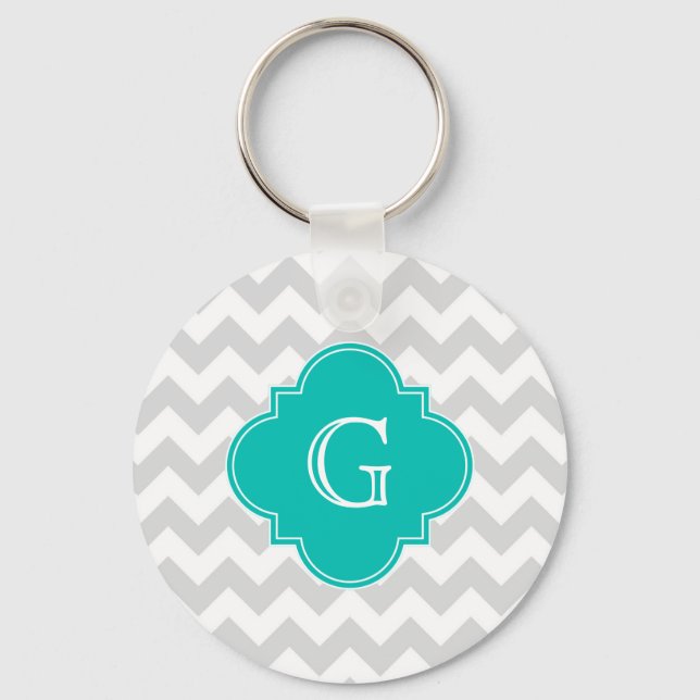 Light Grått White Chevron Teal Quatrefoil Monogram Nyckelring (Framsida)