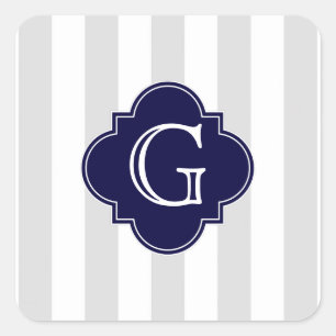 Light Grått White Rand, marinblå etikett, monogram Fyrkantigt Klistermärke