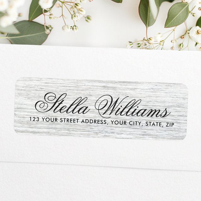 Light grått wood grain calligraphy-skript adress returadress etikett (Light gray wood grain calligraphy script address label)