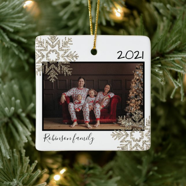 Light Guld Glitter Snowflake Family White Julgransprydnad Keramik (Träd)