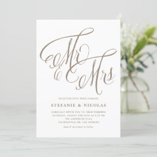 Light Guld Mr. och Rustic Calligraphy Bröllop Inbjudningar