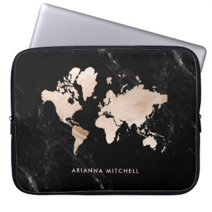Light Guld World Map on Black Marble Laptop Sleeve