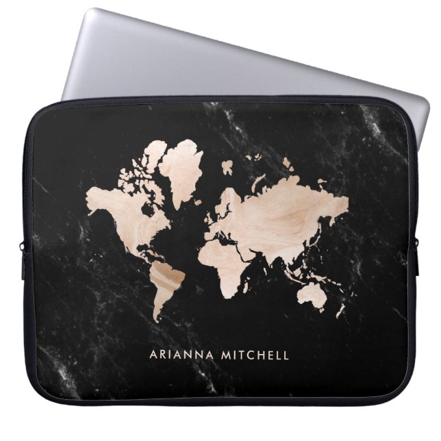 Light Guld World Map on Black Marble Laptop Sleeve (Framsidan)