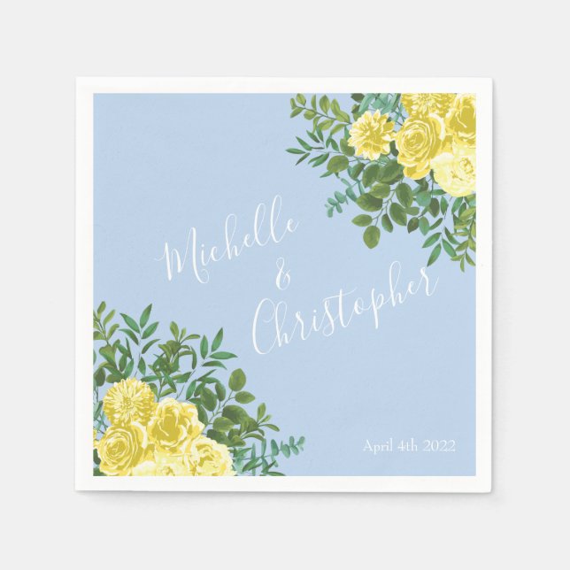 Light Gult & Blek Blue Ro Blommigt Bröllop Pappersservett (Framsidan)