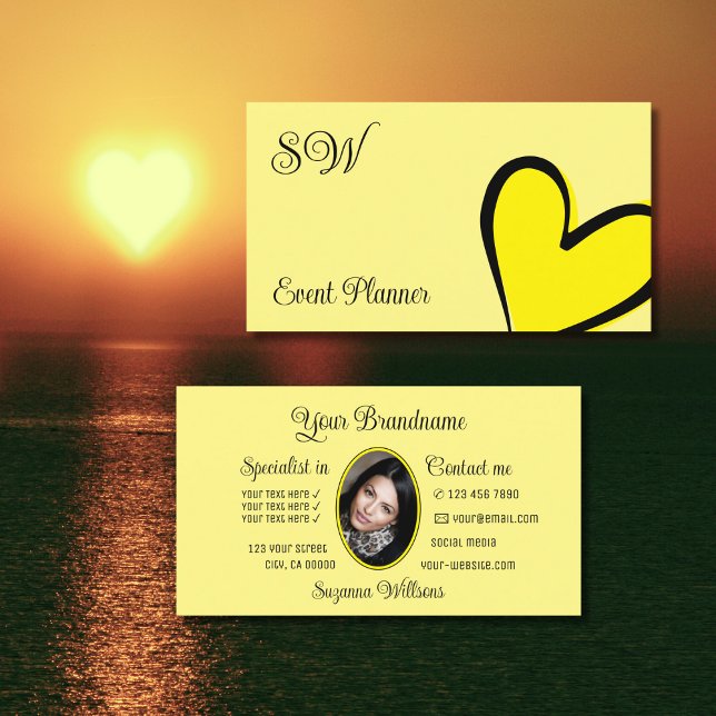 Light Gult Cute Heart med Monogram och Photo Visitkort (Skapare uppladdad)