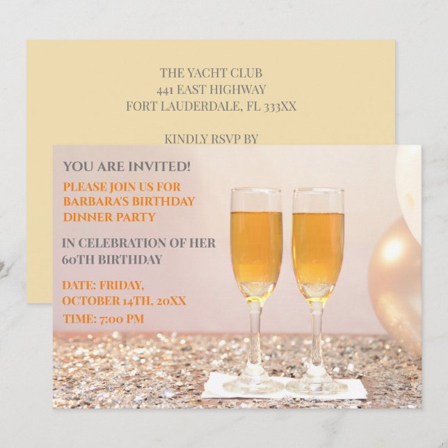 Light gult guld 60-årsdagschampagne inbjudningar (Fram/baksida)