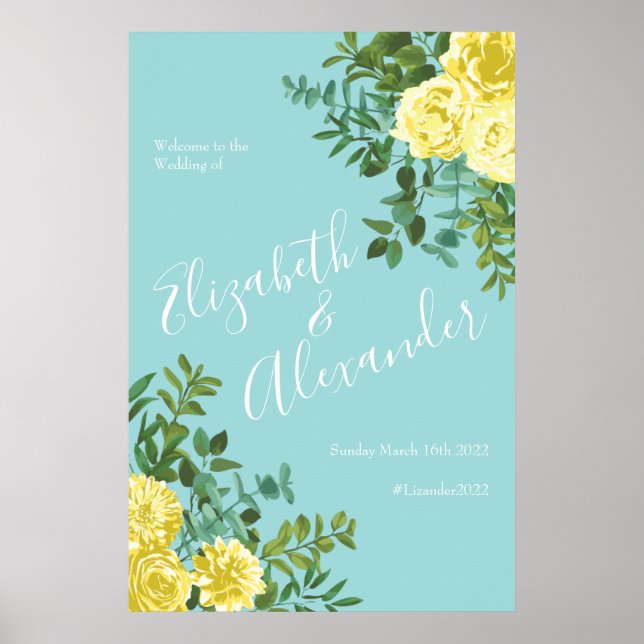 Light Gult & Teal Aqua Ro Blommigt Bröllop Poster (Framsidan)