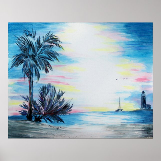 Light House och Handflatan Träd på Beach Poster (Framsidan)