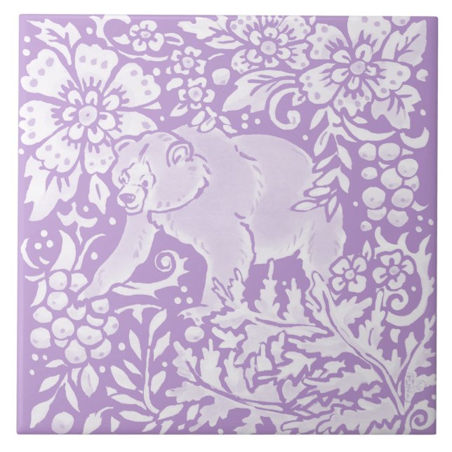 Light Lila Bear Blommigt Woodland Natature Kakelplatta (Framsidan)