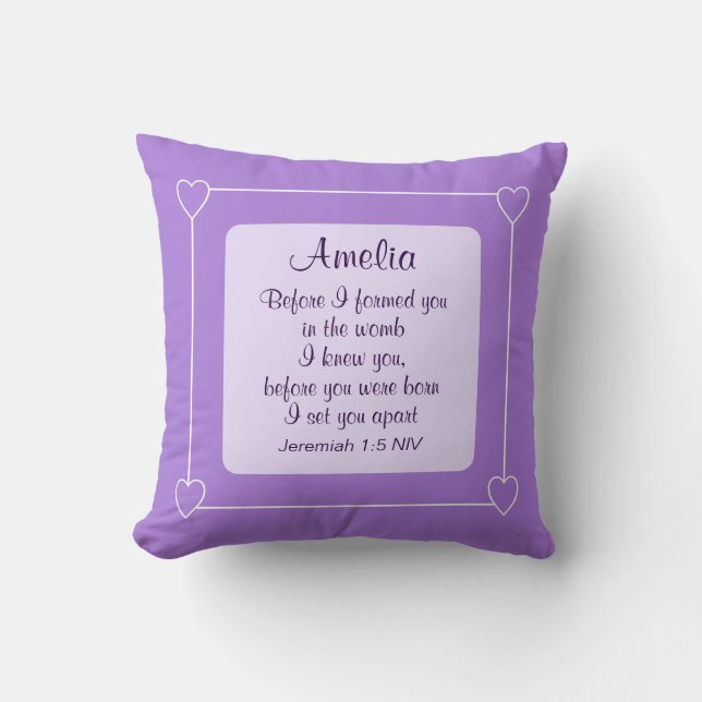 Light Lila Bible Verse Custom Name Baby Gift Kudde (Framsida)