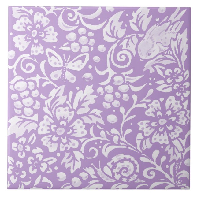 Light Lila Bird Snigel Butterfly Blommigt Woodland Kakelplatta (Framsidan)