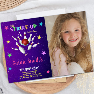 Light Lila Bowling Birthday-inbjudningar med foto Inbjudningar