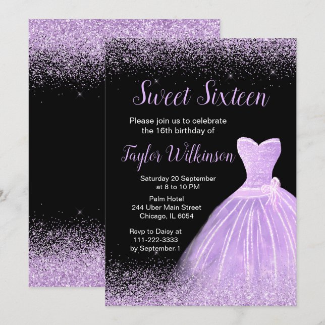 Light Lila Dress Faux Glitter Sweet 16 Birthday Inbjudningar (Fram/baksida)