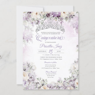 Light Lila Elegant Watercolor Blommigt Quinceañera Inbjudningar