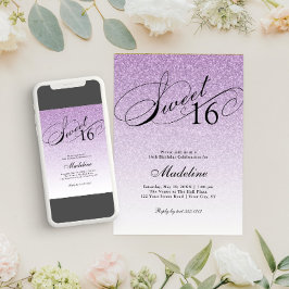 Light Lila Glam Glitter Sweet 16 Inbjudningar