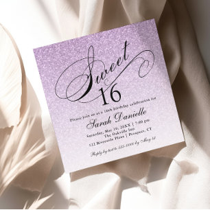Light Lila Glam Glitter Sweet 16 Square Inbjudningar