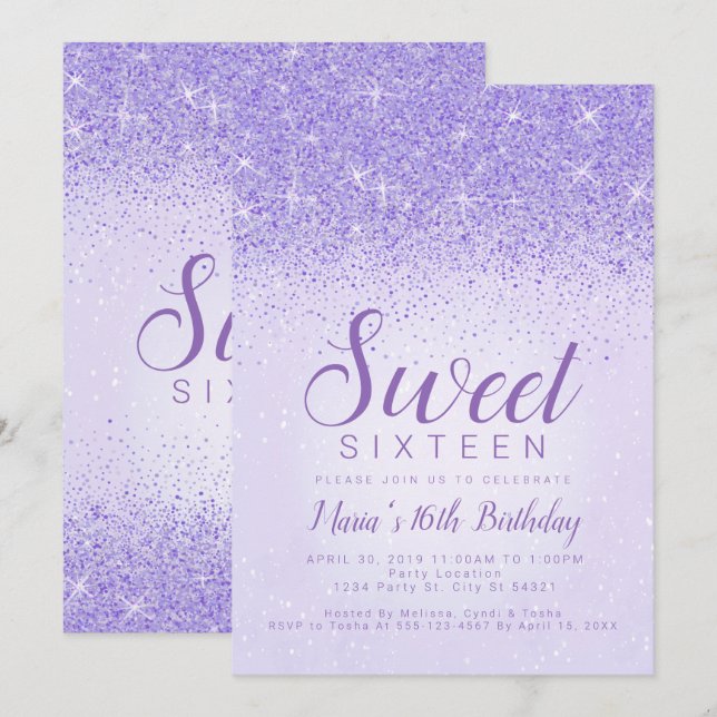 Light Lila Glitter, Sweet 16-inbjudningar Inbjudningar (Fram/baksida)