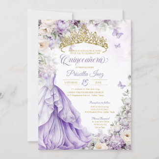 Light Lila & Guld Butterfly Princess Quinceañera Inbjudningar
