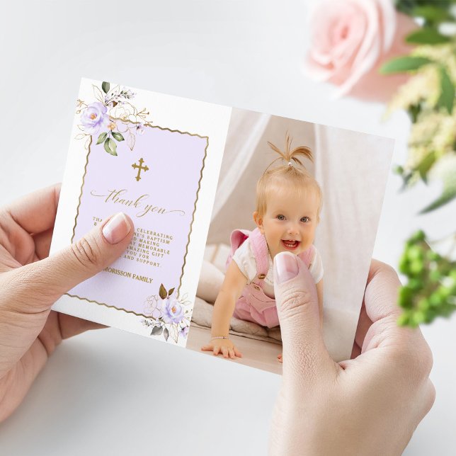 Light Lila Guld Flowers Photo Girl Baptism Tack Kort (photo thank you baptism, trendy photo baptism thank you, elegant light purple baptism thank you)