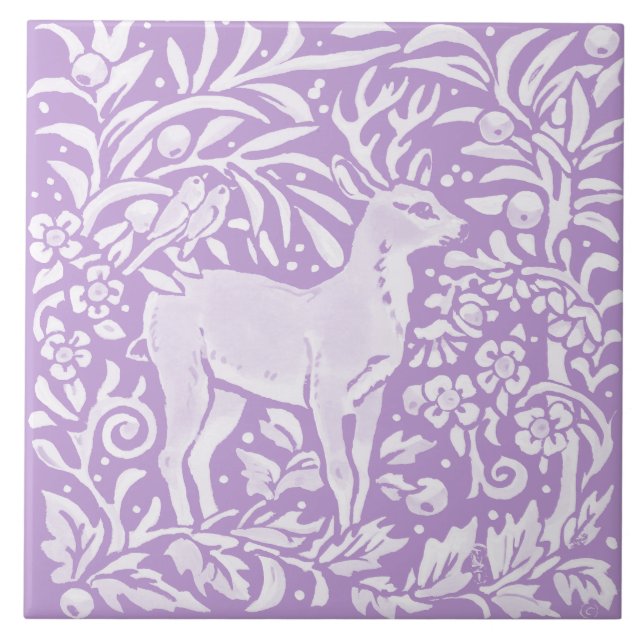 Light Lila Hjort Buck Bird Blommigt Woodland Natat Kakelplatta (Framsidan)