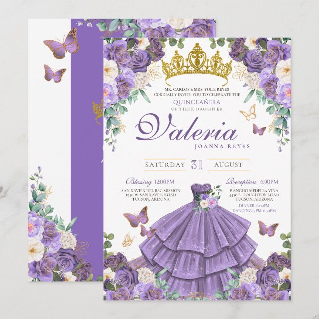 Light Lila Lavender Ro Butterfly Quinceanera Inbjudningar (Fram/baksida)